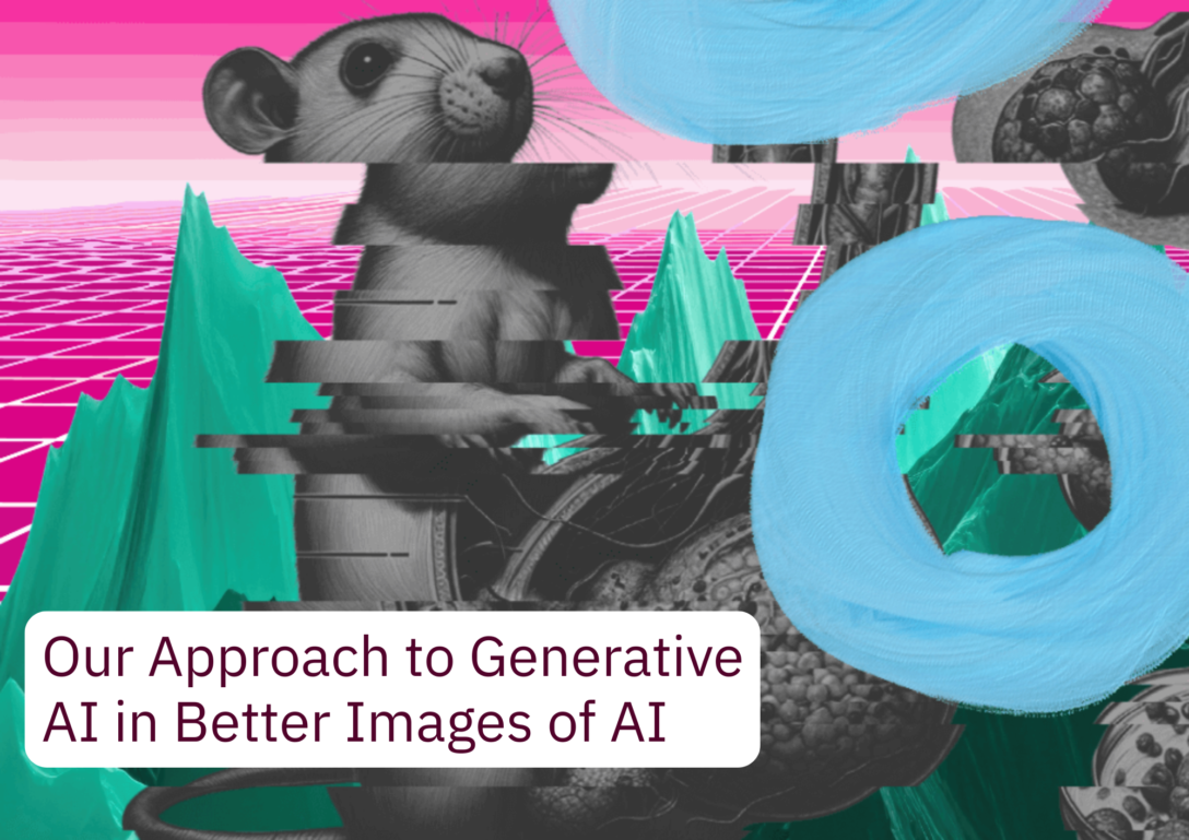On the left is a grey-scale version of a rat with inaccurate and oversized reproductive organs recognisable from an academic article which contained AI slop. The image has been edited to be sliced, and blue painted torus icons overlay the image. The background features a green mountainous range with a magenta tiled floor and gradient sky. Over the top, the text 'Our Approach to Generative AI in Better Images of AI' features in the left corner in a white text box.