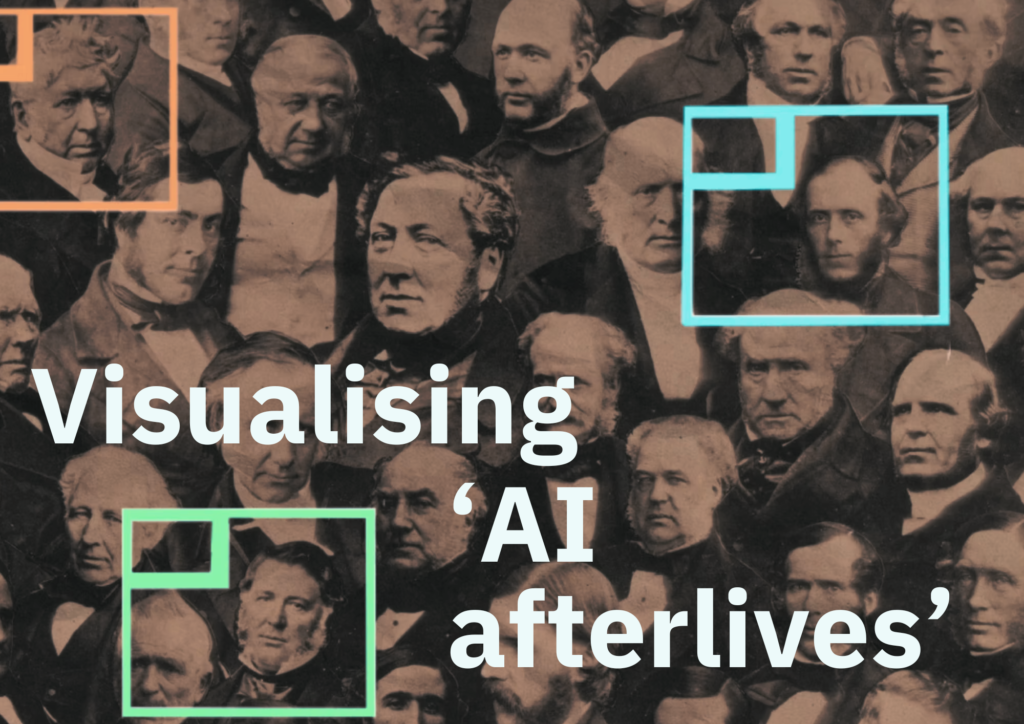 An archival, vintage-style image of a crowd of men. Three men's faces are signalled out by coloured bounding boxes. The text 'Visualising 'AI afterlives' overlays the image.