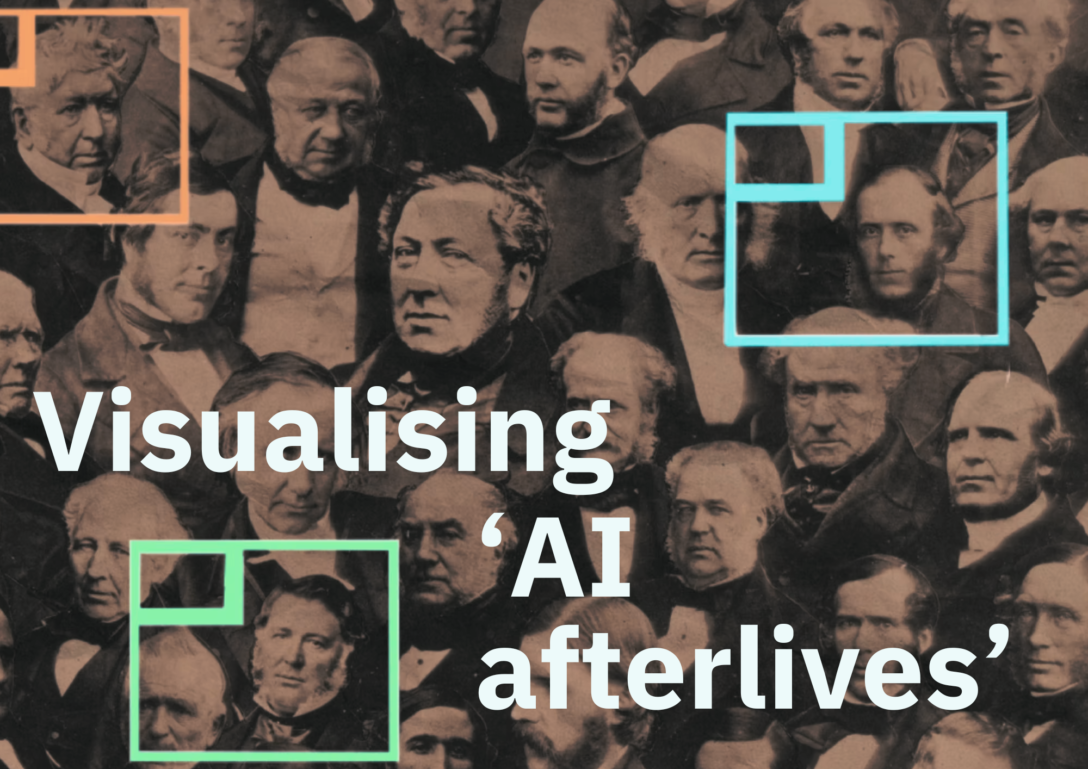 An archival, vintage-style image of a crowd of men. Three men's faces are signalled out by coloured bounding boxes. The text 'Visualising 'AI afterlives' overlays the image.