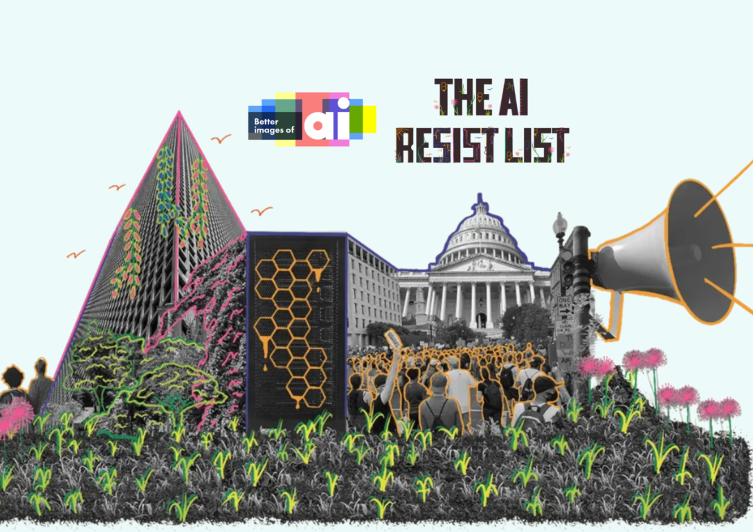 A hand-illustrated collage graphic represents optimistic people power in a green flourishing landscape. Logos for Better Images of AI and the AI Resist List are above against a light blue background.