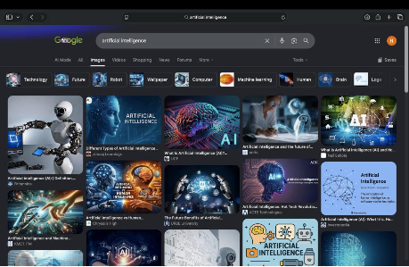 A screenshot of Google imagery shows a series of futuristic images of glowing blue brains, white robots, and holograms.
